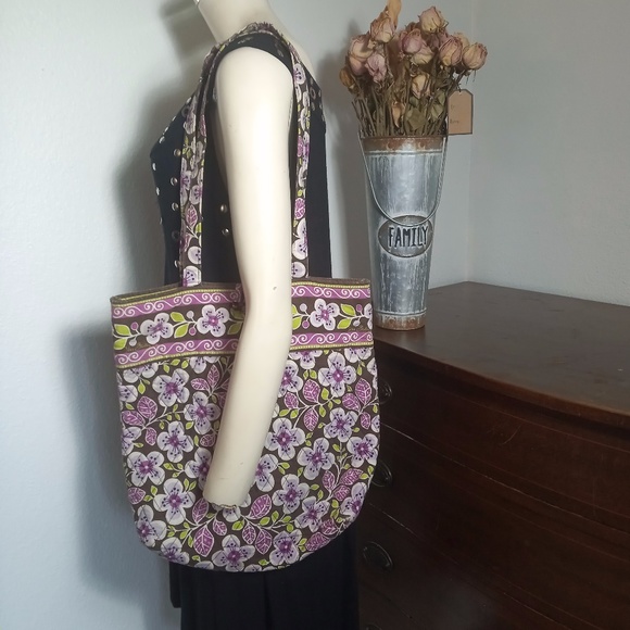VERA BRADLEY Plum Petals Shoulder Bag TOTE Retired Pattern Purple Green Large - Picture 2 of 6